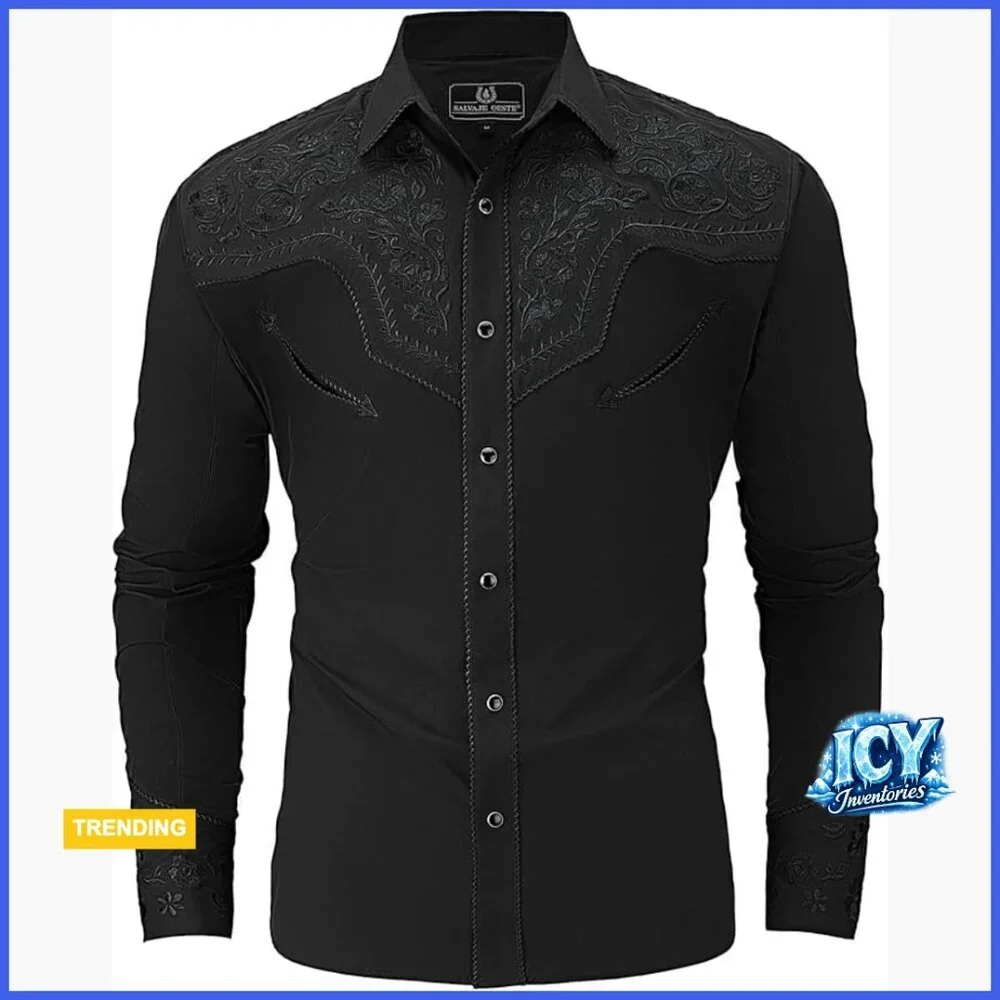 Western Embroidered Cowboy Shirt, Casual Button Down Long Sleeve